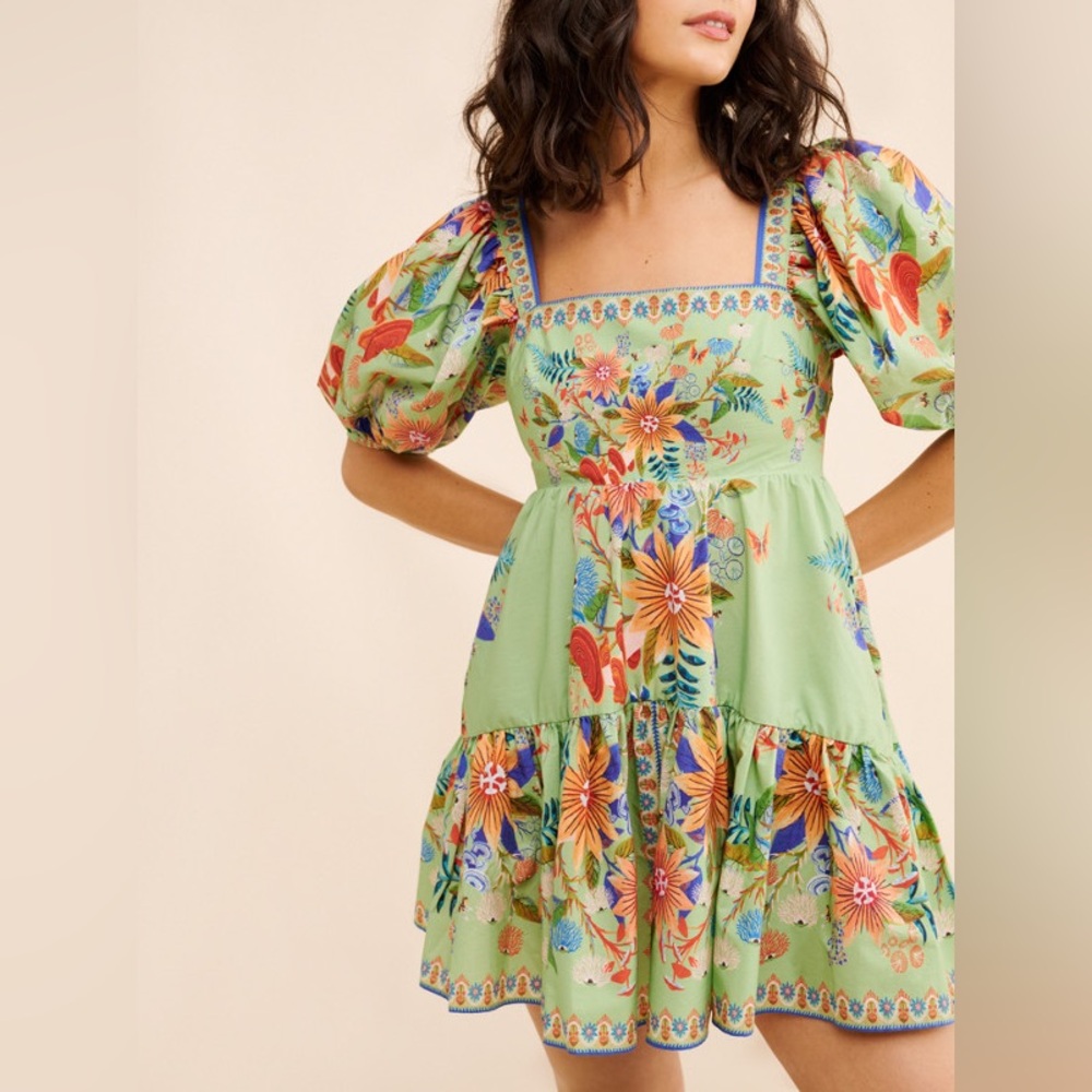 Farm Rio Bright Yard Floral Puff Sleeve Ruffled Tiered Mini Dress Size S - Picture 3 of 13